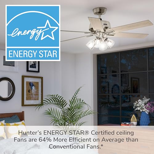 Image of Hunter Fonthill Indoor Ceiling Fan With Light, Remote, 52-inch, Fresh White, Fast Install, 6-speeds (Brushed Nickel)