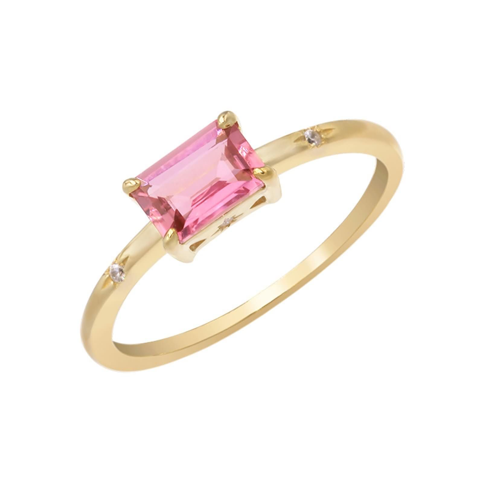 Anillos de Compromiso de Mujer Rectángulo con Turmalina Creada y Moissanita, Anillo de Matrimonio Oro Amarillo 9K/14K/18K de Mujer, Oro