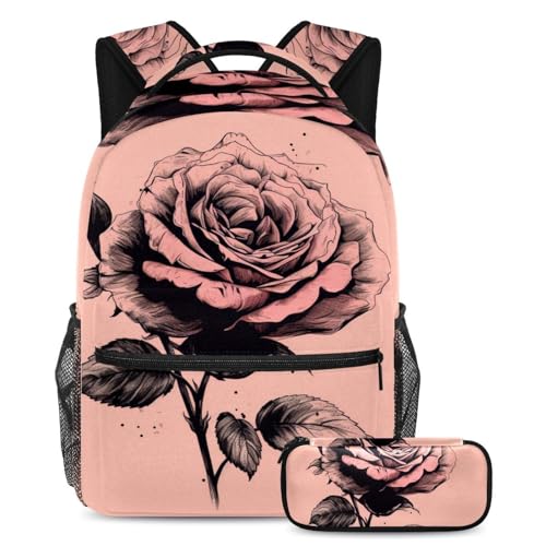 Sac à dos de jour rose pour étudiant avec trousse à crayons et sac à livres scolaire