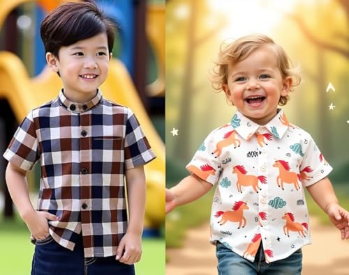 Image of Boys Short Sleeve Button Down Shirts, Plaid and Striped Pattern, Cotton Casual Tops, Pack of 2