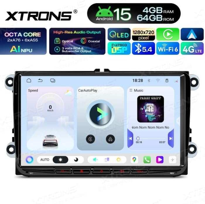 XTRONS UA95MTVL car radio display showing the main user interface with speed indicator, CarAutoPlay widget, and music player widget. Bottom row shows quick access icons for settings, auto, brightness, and various apps.