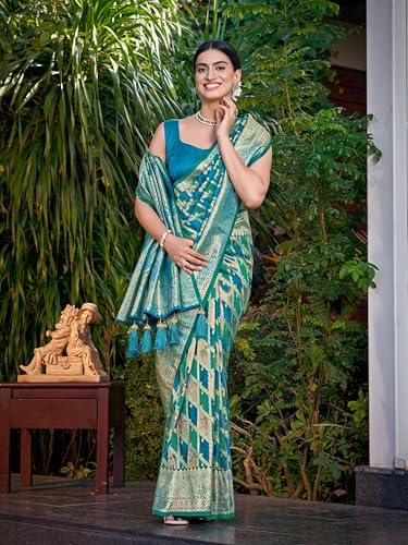 Image of MANOHARI Women's Trendy Banarasi Satin Silk Woven Saree with Heavy Jacquard Work, Elegant Design with Matching Lace Border Unstitched Blouse Piece for Weddings & Festive Occasions
