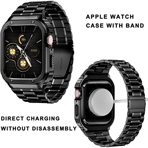 Amznew Stainless Steel Watch Case With Band Compatible For Apple Watch Bands Series 8/7(45Mm), Rugged Replacement Strap And Metal Protective Bumper Cover For Men Black #TOP4