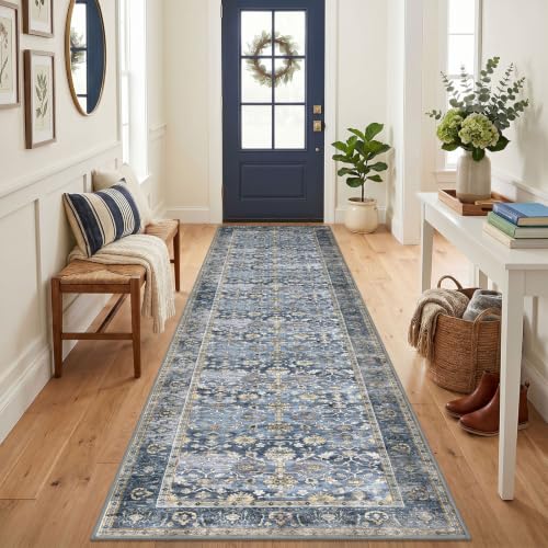KUTA Vintage Washable Runner Rug 3x14 Hallway Runners Blue Grey Beige