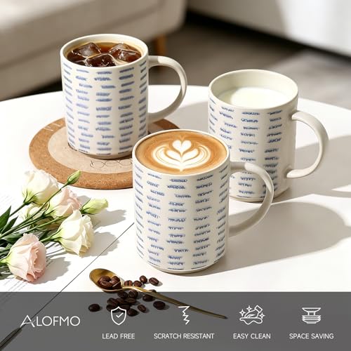 ALOFMO Coffee Mugs Set of 6, 17oz Ceramic Mugs with Handpainted Blue Gray Stripe Pattern, Modern Stackable Coffee Cups, Dishwasher and Microwave Safe Mugs for Home & Office (Horizontal Stripes) — view 3