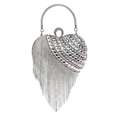 Image of UMREN Women Luxury Heart Shape Tassel Evening Clutch Bag Rhinestones Wedding Party Purse Handbag