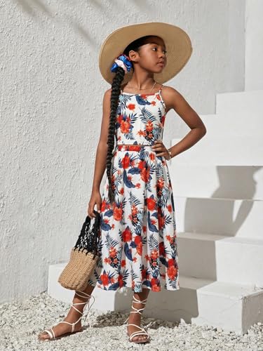 Image of Verdusa Girl's 2 Piece Summer Outfits Hawaiian Tropical Print Cropped Cami Top and Long Skirts
