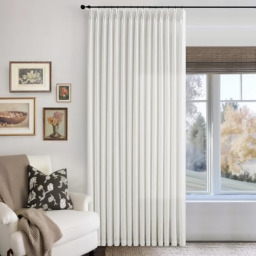 Image of 102 Inch Long Curtains 70 Inch Width Pinch Pleat Linen Curtains Ivory | Extra Wide, Living Room, Light Filtering, Privacy, Pleated, Hooks Rings, Back Tab, Sliding Door, 1 Panel, 70x102, Birch