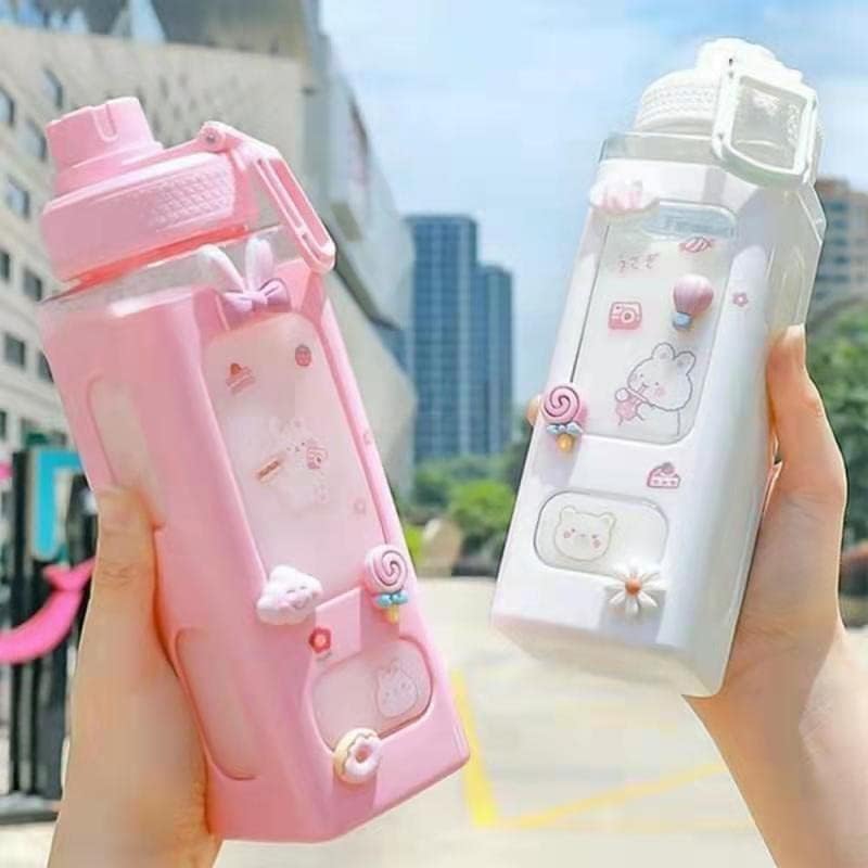 Kawaii Water Bottle with Straw Cute Large Water Bottles with Kawaii Stickers Aesthetic Leakproof Square Drinking Bottle (Pink)