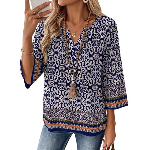 AKEWEI Womens 3/4 Sleeve Tops V Neck Linen Blouse Button Down Shirts for Women Dressy Casual 2026