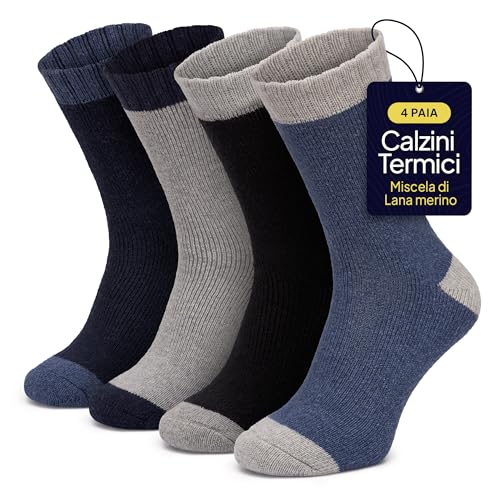 All Things Accessory Calze Termiche da Uomo in Misto Lana Merino - 4 Paia di Calze Spesse, Taglia EU 39-46