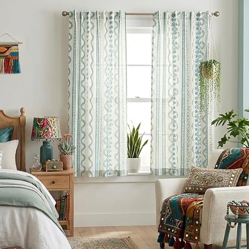 Teal Bohemian Floral Curtains for Living Room, Boho Linen Sheer