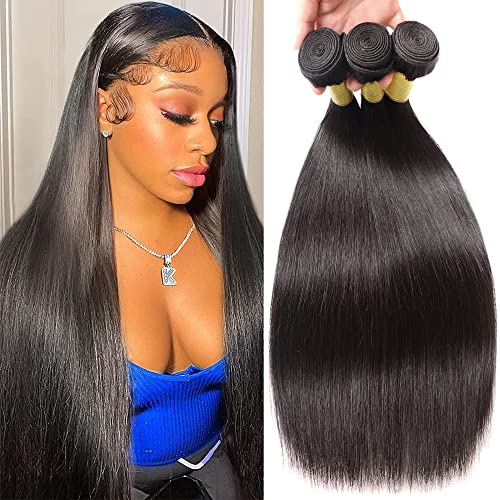 HLSK Straight Bundles Human Hair（12 14 16 Inch）,10A Grade Unprocessed Brazilian Virgin Hair 3 Bundles,Natural Black Human Hair Weave Bundles for Black Women