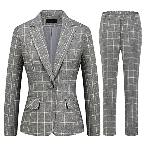 MODFUL Women's 2 Piece Business Plaid Suit Set Office One Button Slim Fit Blazer with Pant