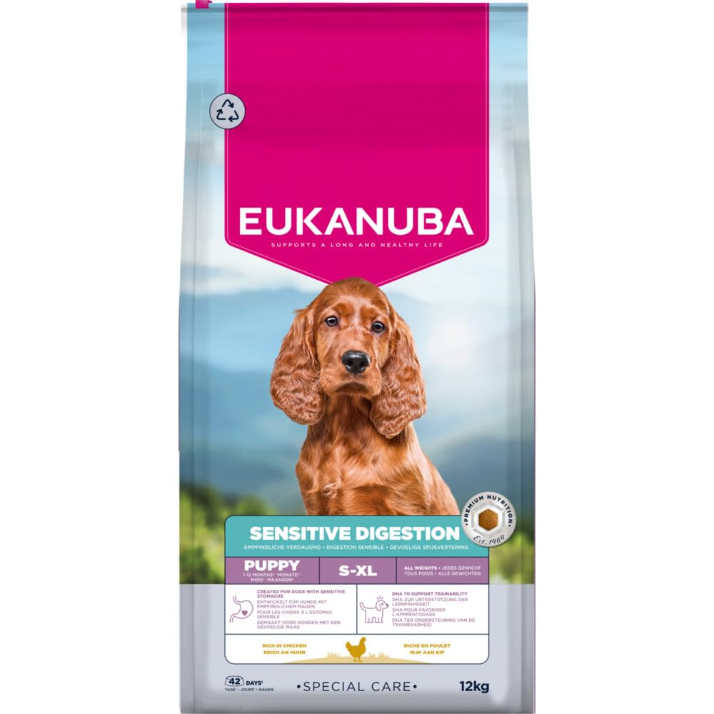 Eukanuba Sensitive Digestion karma dla szczeniaków z kurczakiem i lekkostrawnym ryżem – przyjazna dla żołądka sucha karma dla psów juniorów z wrażliwym trawieniem, 12 kg