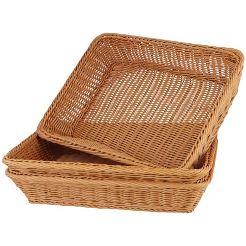 KEILEOHO 3 unidades de 40 x 30 x 8 cm de panera rectangulares de plástico, cesta de plástico para servir, cesta de ratán, para casa, restaurante, fruta, pan