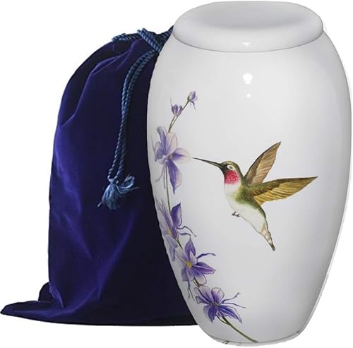 Exquisiteurn's Urna de cremación pintada a mano, urna funeraria hecha a mano para cenizas, incluye bolsa de terciopelo (colibrí)