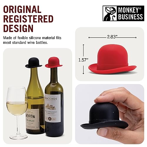 Image of Monkey Business Silicone Wine Stopper | Seals Bottle and Keeps Wine Fresh /Cute Wine Accessories /Kitchen Gadgets /Bowler Hat Bottle Stopper (Set of 2)