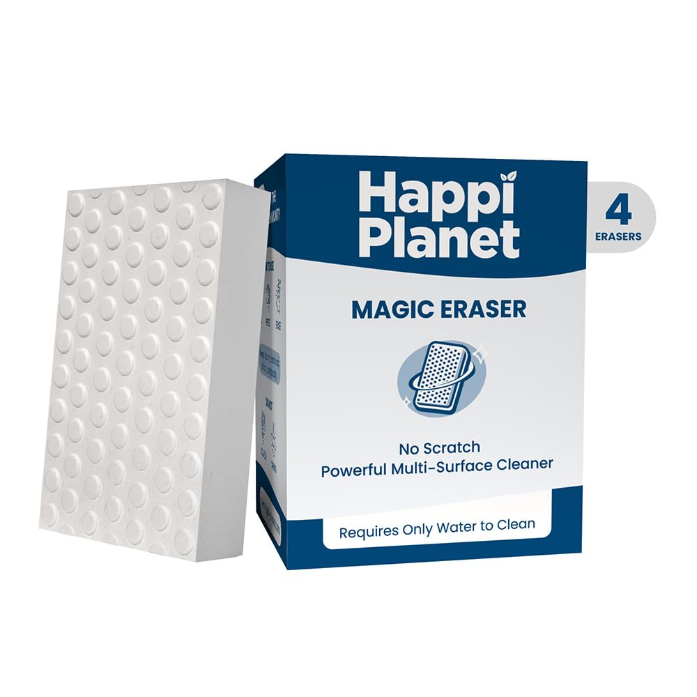 Happi Planet Magic Eraser | Pack of 4 | No Scratch Multi-Surface Cleaning Sponge | Removes 100+ Tough Stains | Just Add Water | Walls, Kitchen, Bathroom, Shoes 