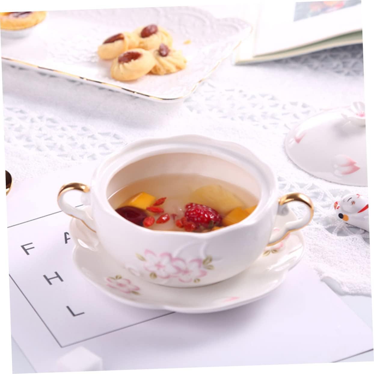 Decorative Double Handle Soup Bowl for Baking Steaming and Serving Multi-functional Ceramic Dish for Desserts Parties and Everyday with Gold Trim