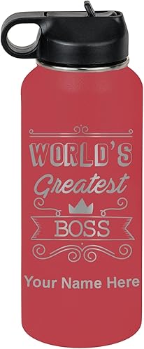 Miniatura 37 de LaserGram Botella de agua personalizada, World's Greatest Boss, acero inoxidable de doble pared aislada al vacío con popote superior, regalo grabado