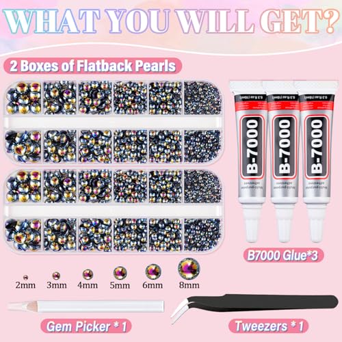 Image of Flatback Pearls for Crafting with 3Pcs 10ml B7000 Jewelry Glue, 2 Boxes of Half Round Black AB Pearls, Bedazzling Beads for DIY Crafts Clothing Tumblers Shoes Embellishment Nail Art