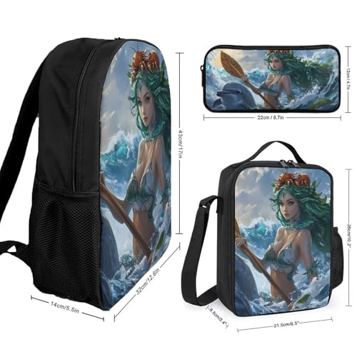 Ocean Goddess Waves Dolphins Crabs Classic Backpack Lunch Bag Pencil Case 3 Piece Set Travel Daypack2