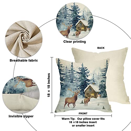 Fahrendom Blue Winter Wonderland Reindeer Snow Decorative Pillow Cover 18 X 18 Set Of 4, Watercolor Deer Snowflakes Snowman Decoration Throw Pillowcase, Polar Bear Elk Pine Tree Forest Farmhouse Decor #TOP1