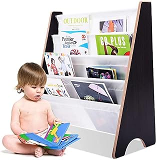 GYMAX 4 Tier Kids Bookshelf, Children Sling Bookcase with Fabric Shelves, Wooden Book Storage Rack for Bedroom, Playroom, Daycare (Coffee)