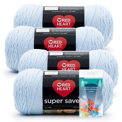 Light Blue - Red Heart Super Saver Yarn 4 Pack (7oz Each) Bundled with Benzy Stitch Markers (20ct) for Knitting, Crocheting, Craft Projects, and Gifts