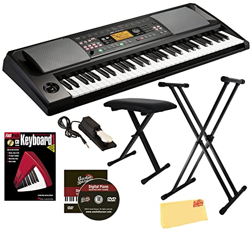 Korg EK50CSA Entertainer Keyboard with Latin Styles Bundle with Adjustable Stand, Bench, Sustain Pedal, Instructional Book, Austin Bazaar Instructional DVD, and Polishing Cloth