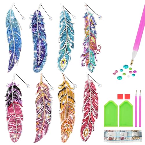 XIAOGUA 8 Unité Marque Page Plume Éducatif Diamond Painting Enfant Pendentif Inclus Activite Manuelle Adulte pour Scolaire Anniversaires Noël Fête des Rnfants Rentrée Remises de Diplômes