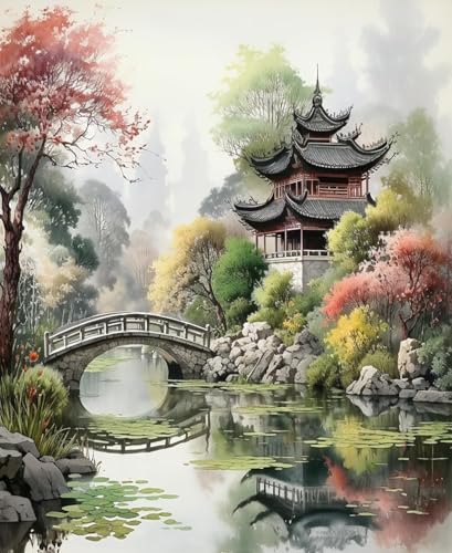 Kit de point de croix Jardin chinois toile imprimée 16x20 inch avec fils et aiguilles XDEGHUANGSS