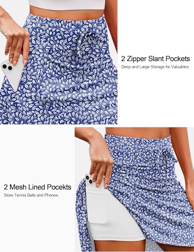 COOrun Tennis Skirts Womens Built-in Shorts Elastic Sports Golf Skorts with Pockets Knee Length Side Slit Blue Floral XL
