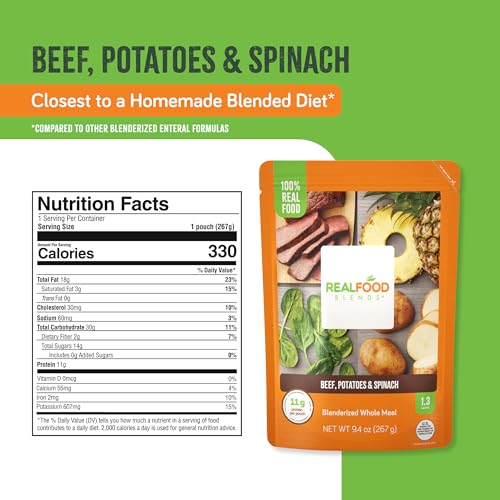 Image of Real Food Blends Beef, Potatoes & Spinach - Pureed Food Meals for Tube Feeding with Protein, Vegetables & Fruits - 330 Calories for Lunch & Dinner - 9.4 oz (Pack of 12)