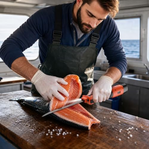 SHEMUST 12V Cordless Electric Fillet Knife, 8" Flexible & 10" Rigid Blades, 2x 1500mAh Batteries, 1.5H Fast Charger, Safety Lock, Non-Slip Handle, Carry Case for Outdoor Fishing Filleting,Orange — view 6