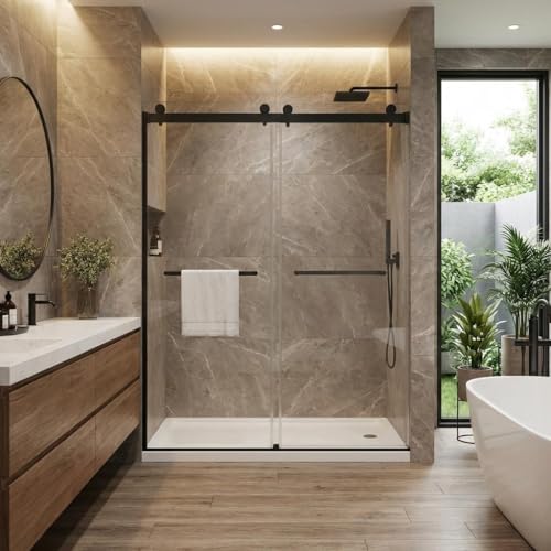 Image of 60 inch x 74 inch Frameless Sliding Bathtub Door, 1 /4 inch (6mm) Tempered Glass with Stainless Steel Square Rail & Dual Handles, Smooth Bi-Directional Sliding, Space-Efficient Bypass Tub Door, Matte Black