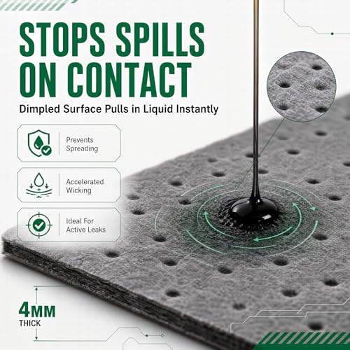 Image of FLASHDRY Universal Heavy Duty Spill Absorbent Pads, Chemical & Oil Absorbing Pads 100 Pack - 300GSM /4mm for Garage, Workshop, Automotive, and Industrial Use - 17.5 inchx13.5 inch Perforated, Dispenser Box