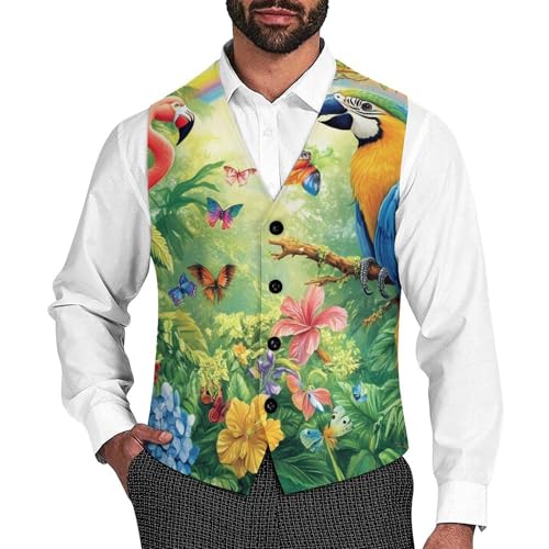 Macaw Flamingo Tropical Suit Vest for Men Slim Fit Sleeveless Jacket V Neck Business Waistcoat Button Up Dressy Top