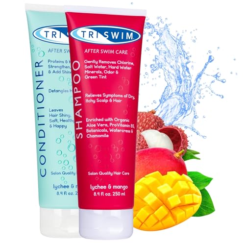 TRISWIM - Lote de champú y acondicionador para después de nadar, tratamiento capilar anticloro para nadadores, elimina el tinte verde, vegano y libre de crueldad animal (250+250 ml)