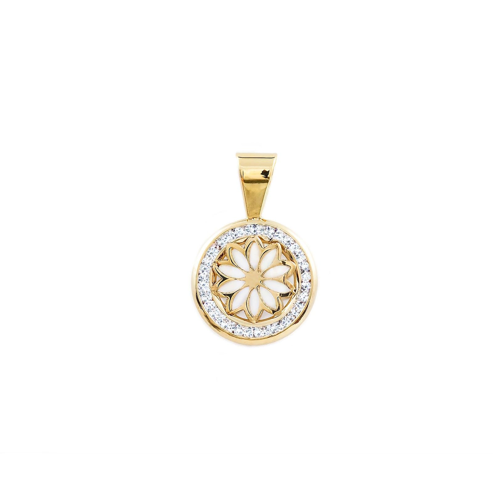 Colgante Oro redondo flor fondo nacar cerco circón (9 Kilates (9K) ts) - Estuche Regalo - Certificado de Garantía - Mondepetit
