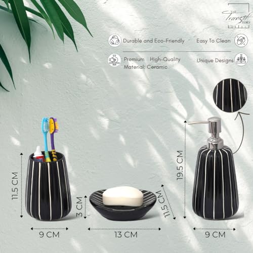 Image of Premium Ceramic Bathroom Accessories Set of 3 | Modern Luxury Bath Set with 300ml Soap Dispenser, Toothbrush Holder & Soap Dish | Home Decor Items (Black & White)