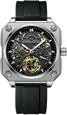 Trendy Hollowed Out Square Men Watch Skeleton Tourbillon Fully Automatic Mechanical Wristwatch Transparent Waterproof Luminous Watches