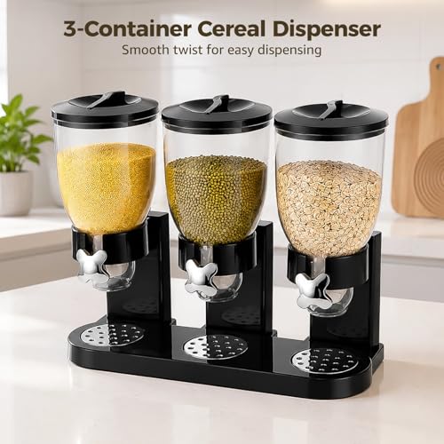 Triple Food Dispenser, 3 Pack 2L/67oz Cereal Dispenser Countertop, Cereal Containers Storage Airtight, Rotating Black Plastic Dry Food Dispenser, Candy Dispenser for Cereal, Rice, Candy, Coffee Beans by Skdqiee - Used condition - Image 2