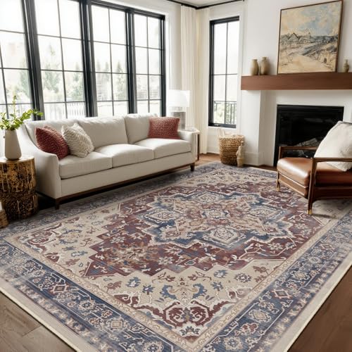 Jainmy 8x10 Maroon Blue Rugs for Living Room, Transitional Medallion