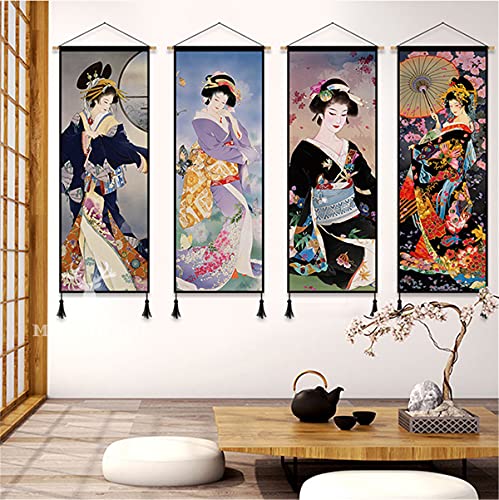 Uxowoxu Japanese Style Wall Art Wooden Framed Geisha Hanging Poster - Kimono Beauty Picture Canvas Prints For Home Decoration Ready To Hang 18"X47" #TOP5