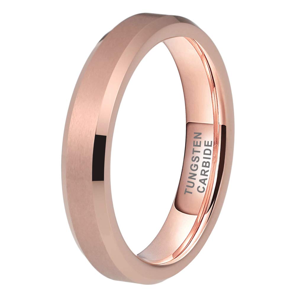 4mm Rose Gold Tungsten Wedding Bands Engagement Rings for Women Men Beveled Edges Matte Finish Comfort Fit