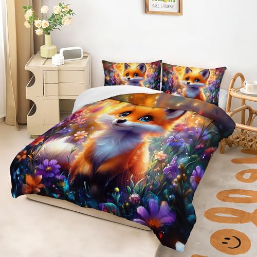 Image of AILONEN Kawaii Fox Comforter Set,Cartoon Fox Bedding Set Full Size for Kids Girls Boys,Cute Animal and Plants Flowers Duvet Set,3-Piece,1 Quilt + 2 Pillowcases,Soft Breathable
