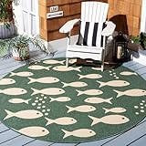 SAFAVIEH Courtyard Collection 6'7' Round Dark Green/Ivory CY6012 Nautical Tropical Coastal Fish Indoor/ Outdoor Waterproof Easy Cleaning Patio Backyard Mudroom Area Rug