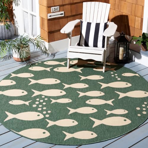 SAFAVIEH Courtyard Collection 6'7" Round Dark Green/Ivory CY6012 Nautical Tropical Coastal Fish Indoor/ Outdoor Waterproof Easy Cleaning Patio Backyard Mudroom Area Rug